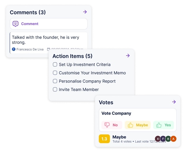 Comments, action items, and team voting on one shared company analysis